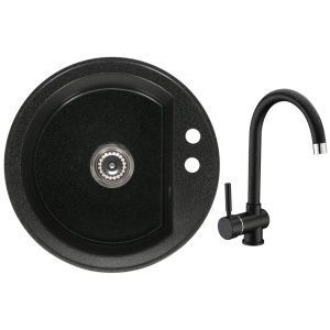 Set chiuveta bucatarie CasaBlanca Rondo granit cu 1 cuva cu baterie BLACK4H, negru - Img 1