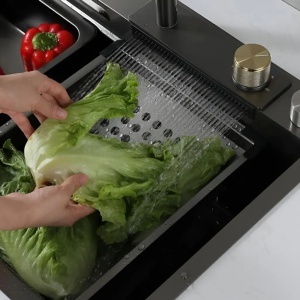 Set Chiuveta Bucatarie Inox cu Baterie Dubla, Cuva Perforare Legume/Fructe, Cuva Universala cu Dop Scurgere, Tocator, Negru Grafit, 75x45X21cm - Img 2