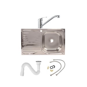 Set chiuveta bucatarie pentru masca cuva dreapta 80x50 cm baterie tija lunga si sifon de scurgere fara preaplin - Img 1