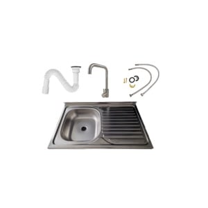 Set chiuveta bucatarie pentru masca cuva stanga 80x50 cm baterie Inox SUS 304 si sifon de scurgere fara preaplin - Img 1