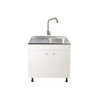 Set Masca Chiuveta Alba 80 cm X 50 cm X 80 cm, chiuveta inox cuva dreapta, baterie inox patrat si sifon scurgere - Img 1