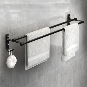 Suport din aluminiu pentru 2 prosoape + 2 cuiere, lungime 60 cm, culoare Neagra - Img 1