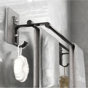 Suport din aluminiu pentru 2 prosoape + 2 cuiere, lungime 60 cm, culoare Neagra - Img 3