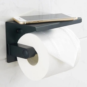 Suport pentru hartie igienica cu raft suplimentar, din otel, culoare neagra cu brat auriu - Img 5