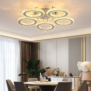 Lustra LED cu telecomanda si cristal ALANUBIS 61W, 5 Cercuri, lumina Rece/Calda/Neutra, Dimabila, Crom Lucios - Img 1
