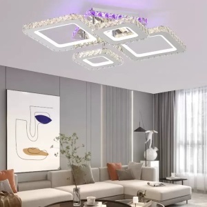Lustra LED cu telecomanda si cristal NOVA RHOMBA RGB 60W, 4 Patrate, lumina Rece/Calda/Neutra, Dimabila, Crom Lucios - Img 1