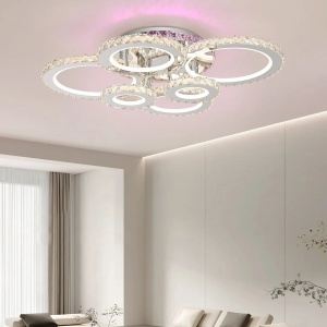 Lustra LED cu telecomanda si cristal NOVA ROTONDA RGB 152W, 6 Cercuri, lumina Rece/Calda/Neutra, Dimabila, Crom Lucios - Img 1