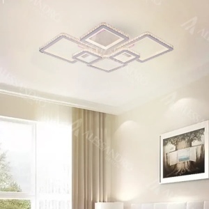 Lustra LED cu telecomanda si cristal QUADRIS RGB 170W, 6 Patrate, Lumina Rece/Calda/Neutra, Dimabila, Alb - Img 1