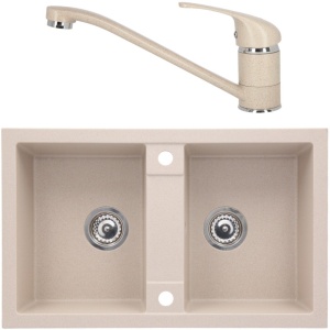 Set chiuveta bucatarie CasaBlanca Duo granit cu 2 cuve baterie SAND4, bej - Img 1