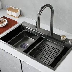 Set Chiuveta Bucatarie Inox cu Baterie Dubla, Cuva Perforare Legume/Fructe, Cuva Universala cu Dop Scurgere, Tocator, Negru Grafit, 75x45X21cm - Img 1