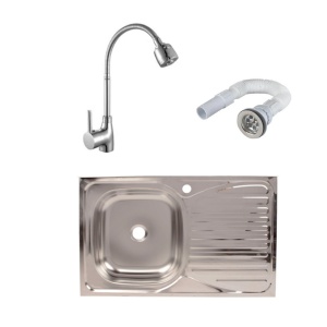 Set chiuveta masca ,inox,cuva stanga, 80x50 cm, baterie lebada flexibila cu sifon de scurgere - Img 1