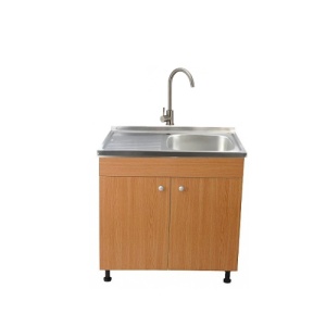 Set Masca Chiuveta Stejar 80 cm X 50 cm X 80 cm, chiuveta inox cuva dreapta, baterie inox rotunda si sifon scurgere - Img 1