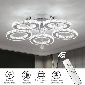 Lustra LED cu telecomanda si cristal ALANUBIS 61W, 5 Cercuri, lumina Rece/Calda/Neutra, Dimabila, Crom Lucios - Img 3