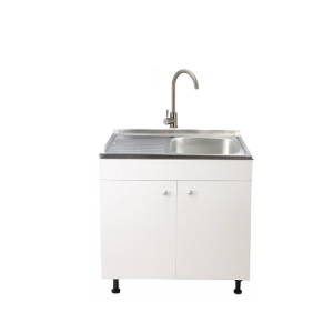 Set Masca Chiuveta Alba 80 cm X 50 cm X 80 cm, chiuveta inox cuva dreapta, baterie inox rotunda si sifon scurgere - Img 1