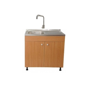 Set Masca Chiuveta Stejar 80 cm X 50 cm X 80 cm, Chiuveta inox cuva stanga, Baterie inox patrat si Sifon scurgere - Img 1