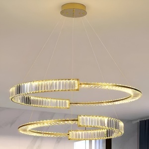 Lustra LED suspendata cu telecomanda si cristal PRISM REGAL 200W, 2 Cercuri, lumina Rece/Calda/Neutra, Dimabila, Auriu, Inaltime Reglabila - Img 1