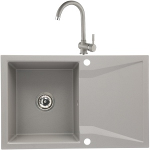 Set chiuveta bucatarie CasaBlanca Nera granit cu 1 cuva + baterie GREY4H, gri - Img 1