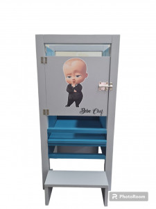 Turn De Activitati Pliabil Gri Deschis Cu Turcoaz, Learning Tower Pliabil Stiker Bebe Chef,Personalizare nume copil,85x40x38 cm - Img 2