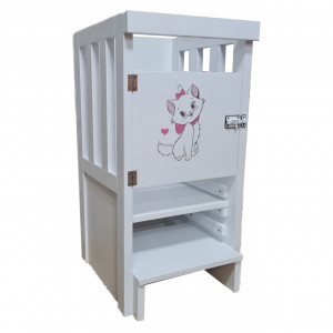 Turn De Activitati Fix Alb, Learning Tower Fix , Stiker Animat Pisicuta , 85x40x38 cm