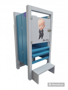 Turn De Activitati Pliabil Gri Deschis Cu Turcoaz, Learning Tower Pliabil Stiker Bebe Chef,Personalizare nume copil,85x40x38 cm - Img 3