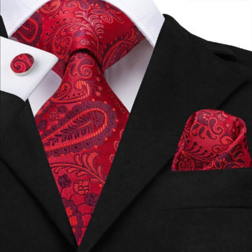 Set cravata rosie + batista + butoni - matase, tesatura Jaquard - model 10 - 1 | YEO
