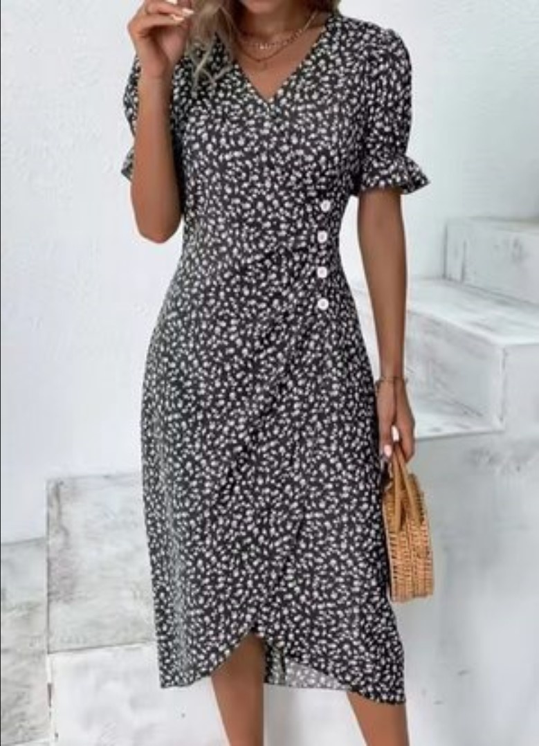 Rochie dama, model floral, negru cu alb, Sorana