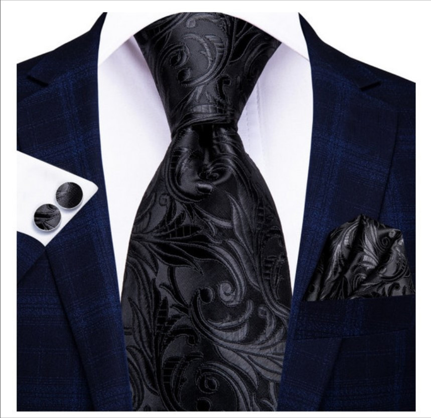 Set cravata neagra + batista + butoni - matase - model 39