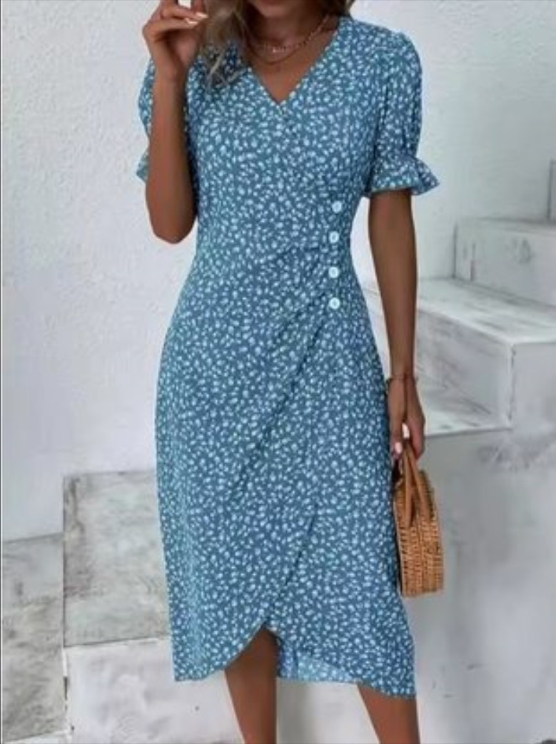 Rochie dama, model floral, albastru cu alb, Sorana