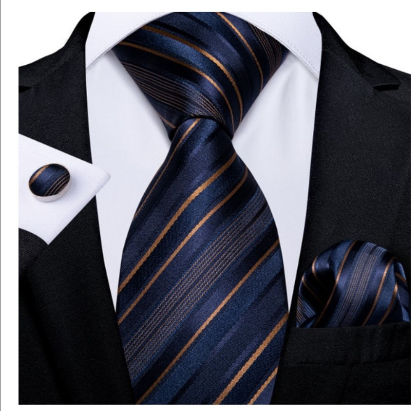 Set cravata bleumarin cu auriu + batista + butoni - matase - model 157