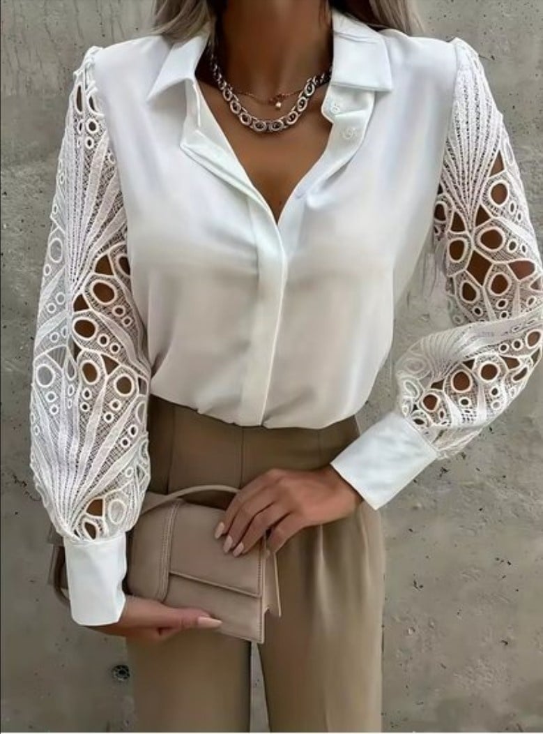 Bluza eleganta alba de dama, maneca lunga, cu dantela, model 133