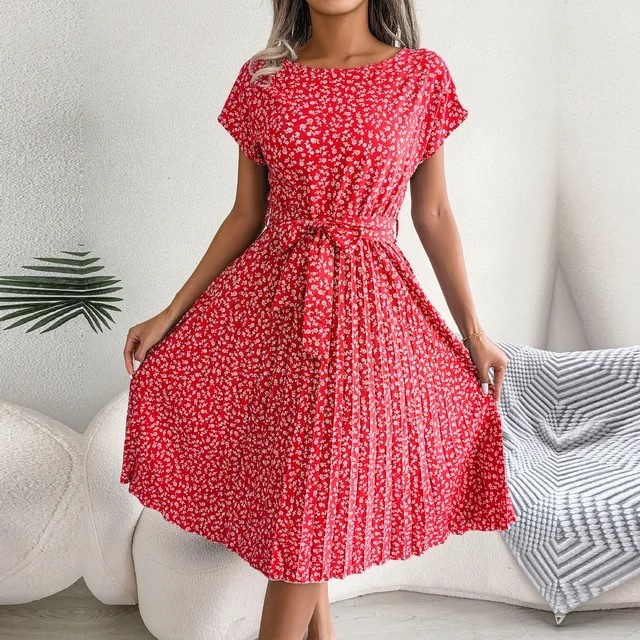 Rochie rosie cu floricele, de dama, plisata, Cindy, marimea L