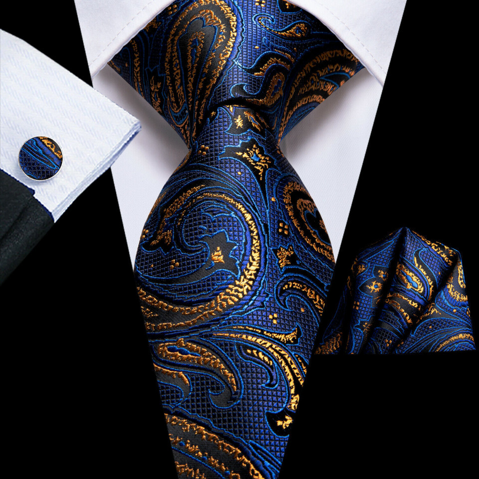 Set cravata bleumarin cu auriu + batista + butoni - matase - model 31