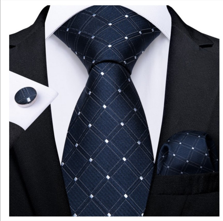 Set cravata bleumarin cu alb + batista + butoni - matase - model 128