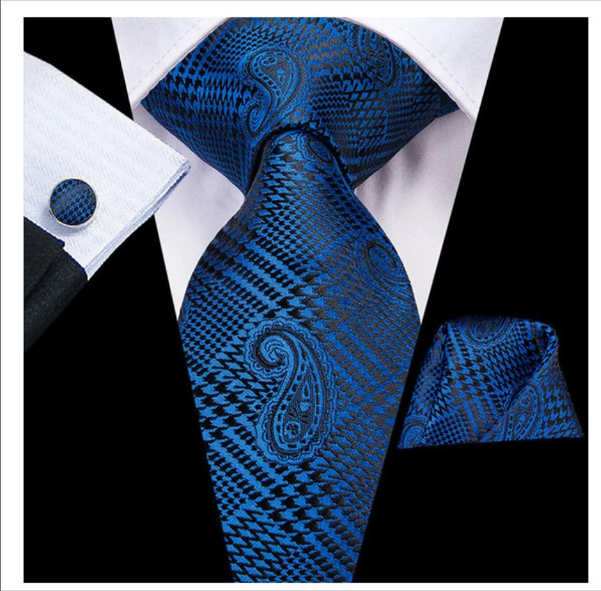 Set cravata albastra + batista + butoni - matase - model 202