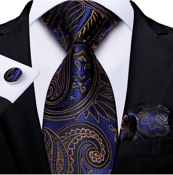 Set cravata albastra bleumarin cu auriu + batista + butoni - matase - model 374