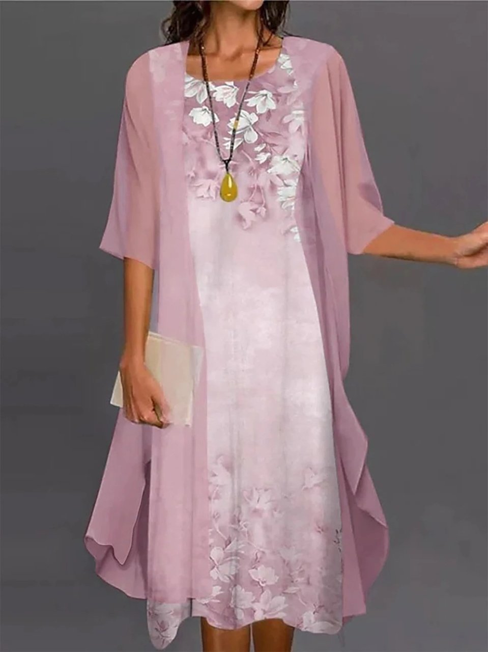 Rochie din 2 piese, design floral, roz, Eveline