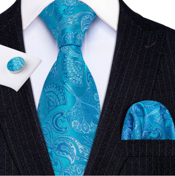 Set cravata albastra + batista + butoni - matase - model 292