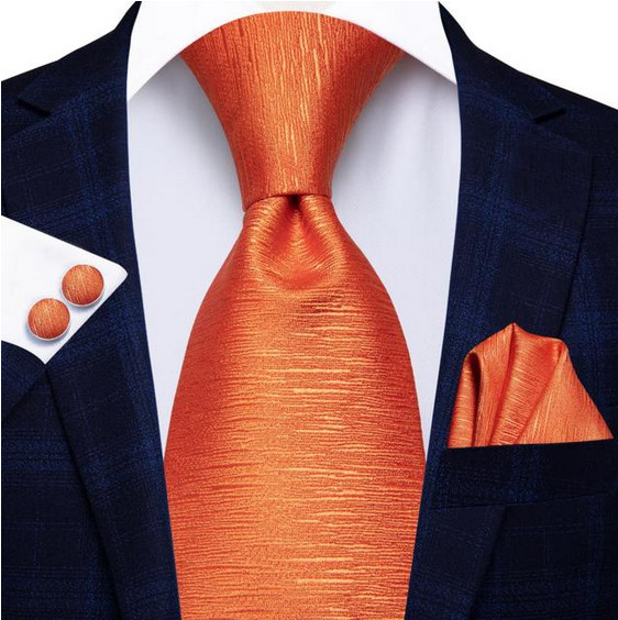 Set cravata portocalie / orange + batista + butoni - matase - model 400