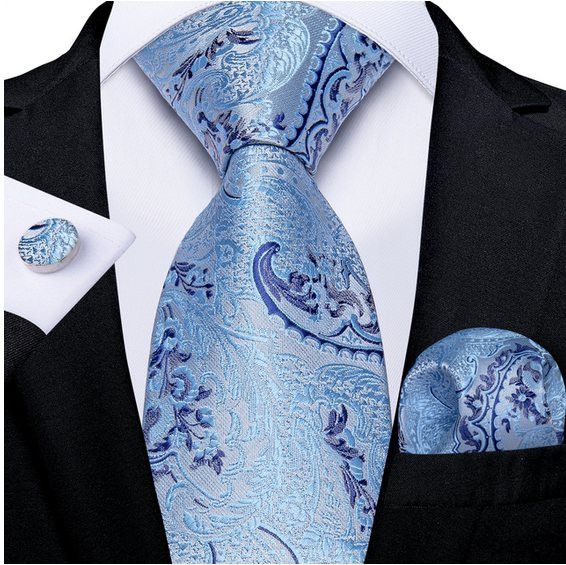 Set cravata bleu + batista + butoni - matase - model 636