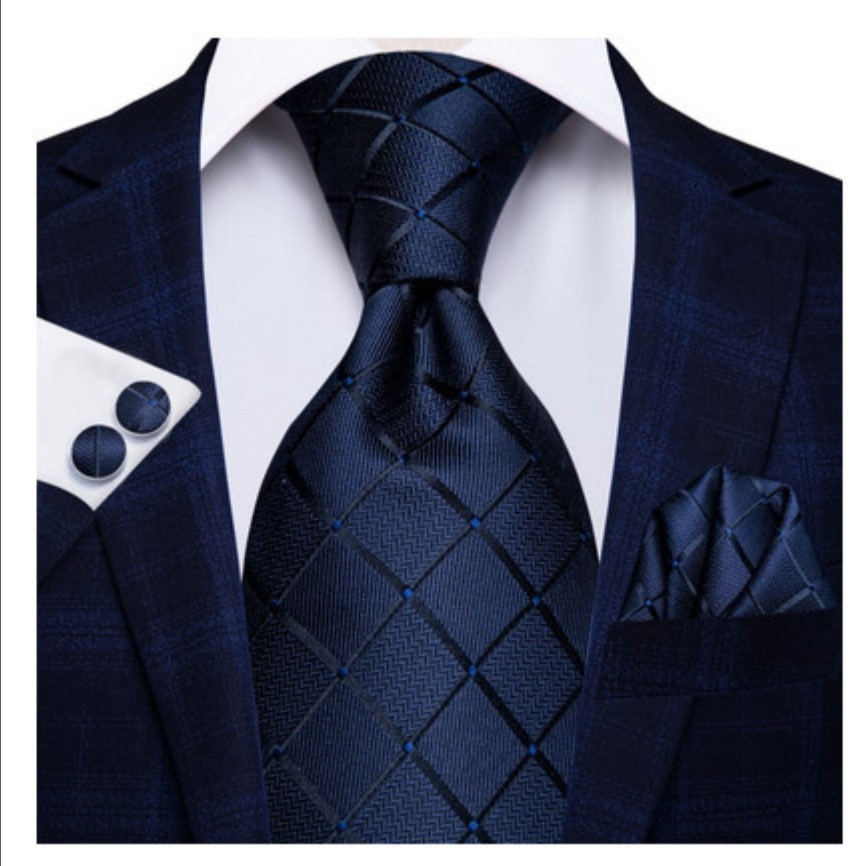 Set cravata bleumarin + batista + butoni - matase - model 36