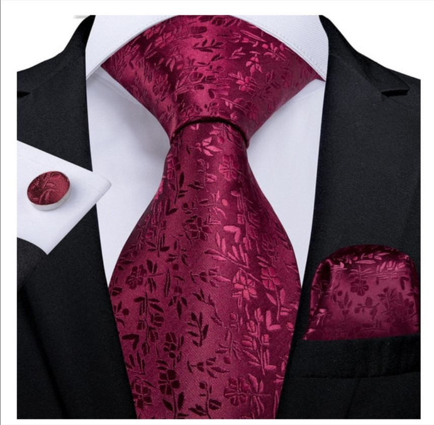 Set cravata bordo grena + batista + butoni - matase - model 121