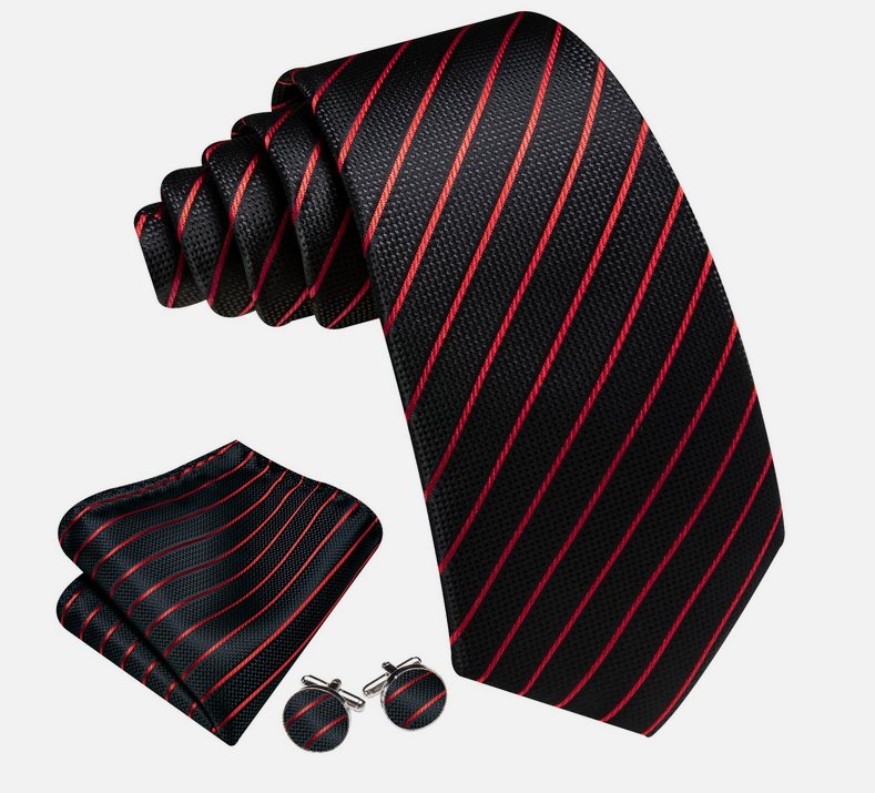 Set cravata neagra cu dungi rosii + batista + butoni - matase -- model 870