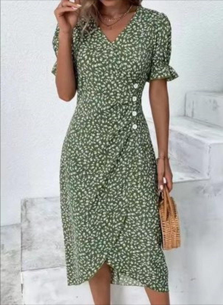 Rochie dama, model floral, verde cu alb, Sorana