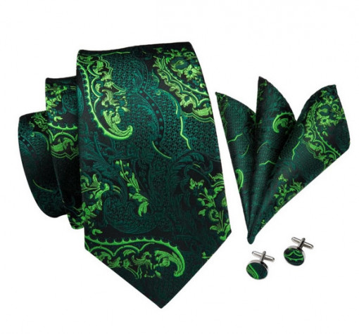 Set cravata verde + batista + butoni - matase - model 190 - Img 3