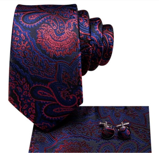 set cravata albastra cu rosu + batista + butoni