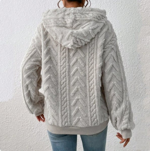 Pulover dama, pufos, cu gluga, tip hanorac, cu model elegant, gri deschis - L - Img 2