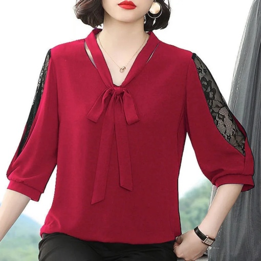 Bluza rosie eleganta cu voal brodat inserat, model 144 - Img 2
