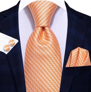 Cravata portocaliu (orange) cu alb + batista + butoni - matase -- model 891