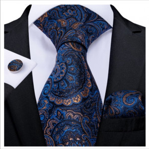 Set cravata bleumarin cu auriu + batista + butoni - matase - model 232