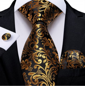 Set cravata neagra cu auriu + batista + butoni - matase - model 416